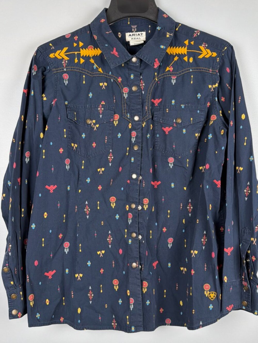 Ariat REAL Western Pearl Snap Shirt Women XL Blue Embroidered Cowboy Rodeo Ranch